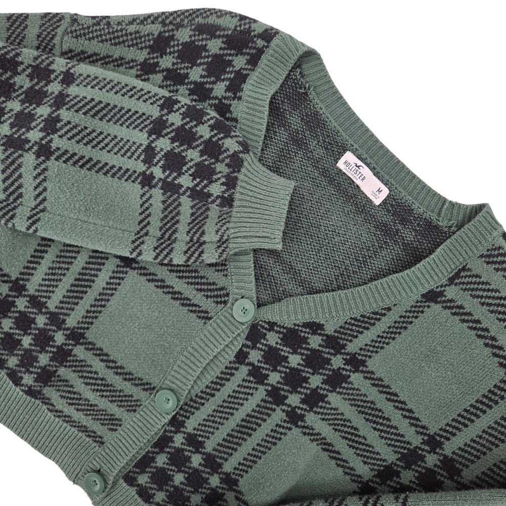 Hollister MEDIUM Cropped Cardigan Women Green Black Plaid Preppy Dark Academia